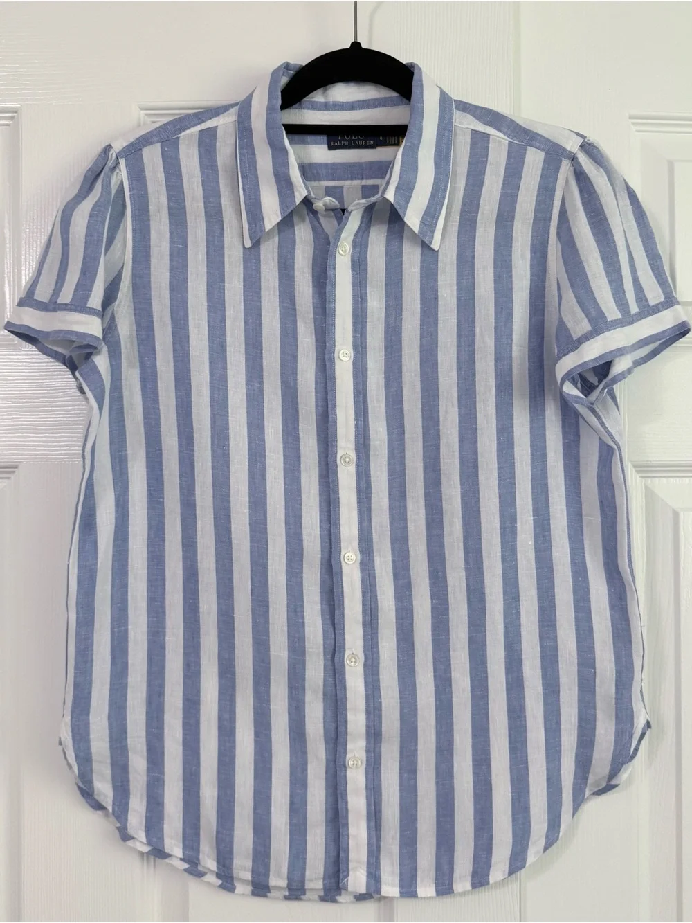 Polo Ralph Lauren 100% Linen Blue White Stripe Button Shirt Size 8
